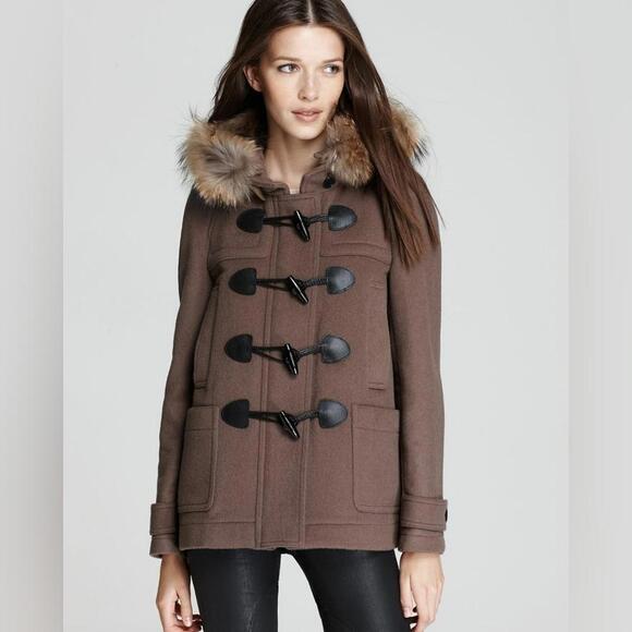 BURBERRY CHECK LINED WOOL TOGGLE DUFFLE COAT WITH FUR TRIMMED HOOD - Picture 14 of 15